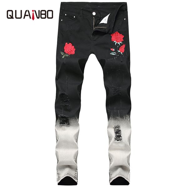 

quanbo men's embroidery rose distressed jeans autumn winter fashion hold ripped black streetwear men jeans plus size 38 40 210318, Blue