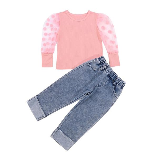 

clothing sets 1-6 years kids girls outfits long sleeves mesh knit bow neckline shirt high waist jeans set infant, White
