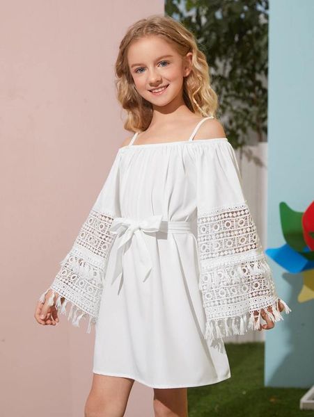 

girls fringe trim belted chiffon dress she, Red;yellow