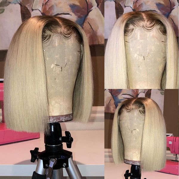 

blunt cut short bob omber blond lace front wig with baby hair for women daily wear heat resistant synthetic wig natural hairline, Black