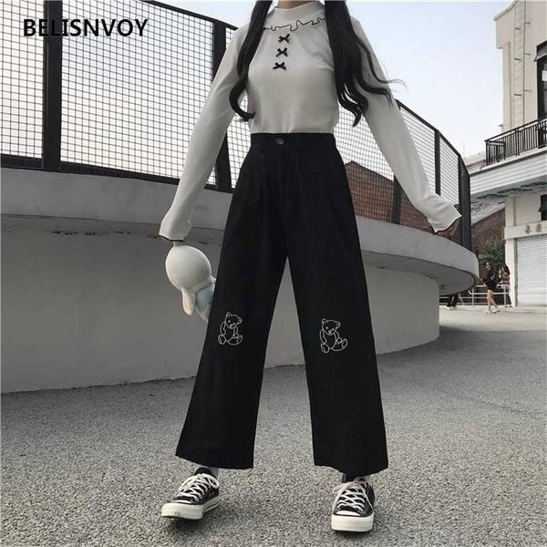 

japanese kawaii harajuku teen girls loose bear embroidery wild leg baggy pants casual female sweet cute sweatpants trousers 211124, Black;white