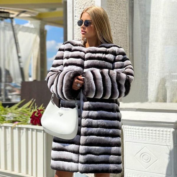 

women's fur & faux fashion long rex coat for women outwear winter o-neck genuine coats female luxury overcoats, Black