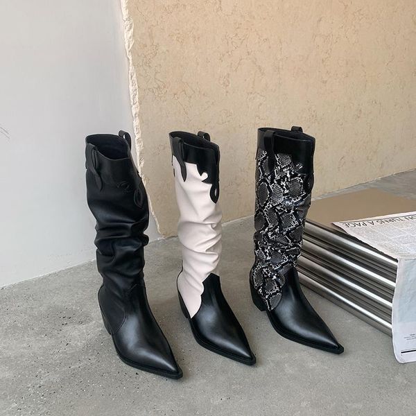 

boots mixed color women western pointed toe snake printed winter thick mid heels knee knight booties size 35-39, Black