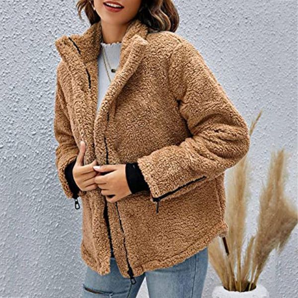 

women's jackets women teddy coat double pocket design winter warm coats stand collar long sleeve fashion outwear, Black;brown