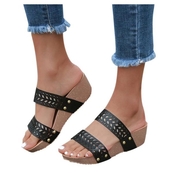 

slippers women summer fashion wedges shoes retro peep toe slipper hollow carved klapki damskie na lato zapatos de mujer, Black