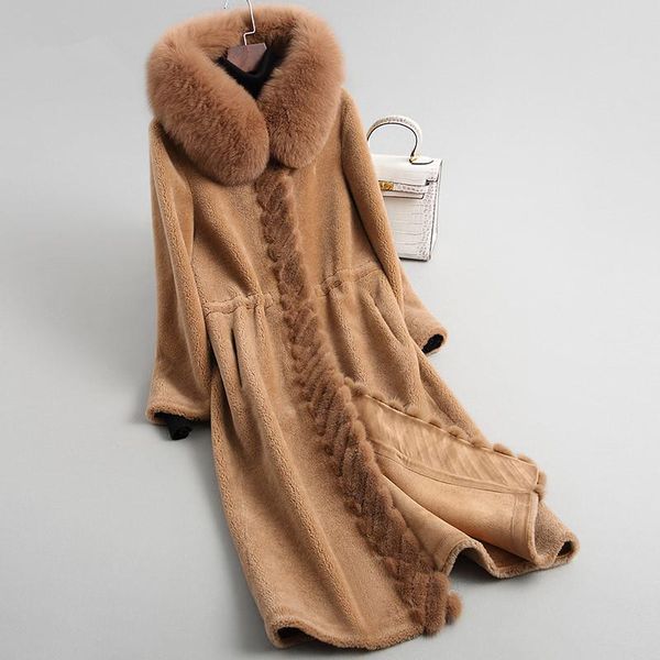 

women's fur & faux searling sheep jackets for women 2021 real wool coat female long winter coats natural hooded 18179 yq2033 s, Black