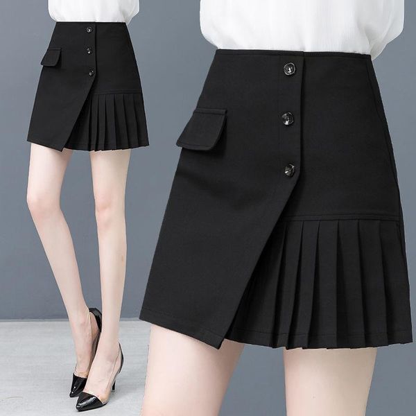 

skirts 2021 spring autumn women korean high-waist short skirt slimming black irregular single-breasted bag hip pleated y649