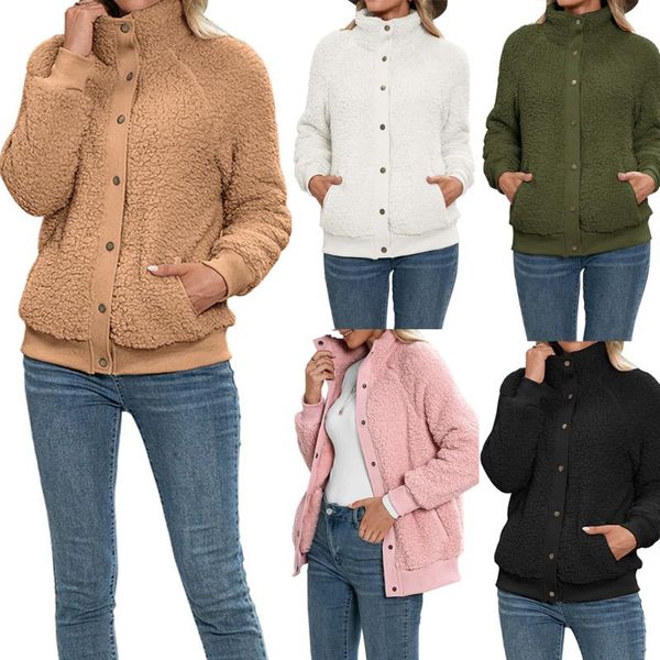 

women's fur & faux solid casual coat stand collar jackets for women 2021 buttons pockets winter teddy coats thick warm plush fluffy jac, Black