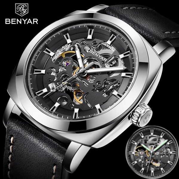 

wristwatches 2021 benyar automatic mechanical watch watches men's business fashion leather strap waterproof, Slivery;brown