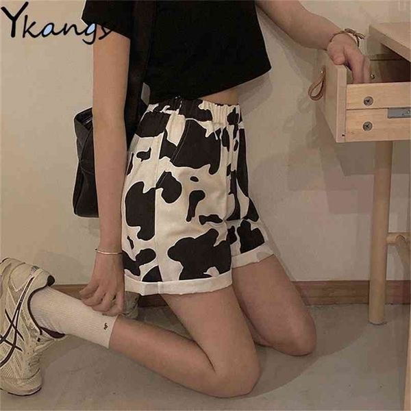 Harajuku Estilo Coreano Streetwear Impressão de Vaca Esporte Calções Câmbios Calças de Moletã Reta Elástica Elástica Cintura alta Largura Perna 210724