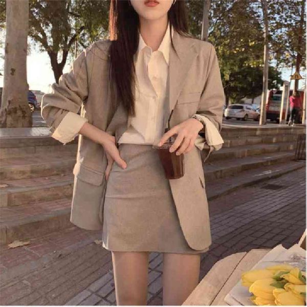 

spring 2 piece long sleeves suit women solid high waist a-line skirt 210423, White
