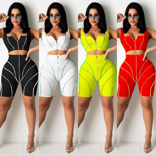 

women's tracksuits colorful striped patchwork two piece set woman zipper sleeveless u neck crop and biker knee-length pants casual trac, Gray