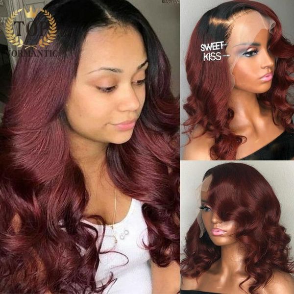 

ormantic red color wig loose wave lace front ombre deep hair remy human with natural baby wigs, Black;brown