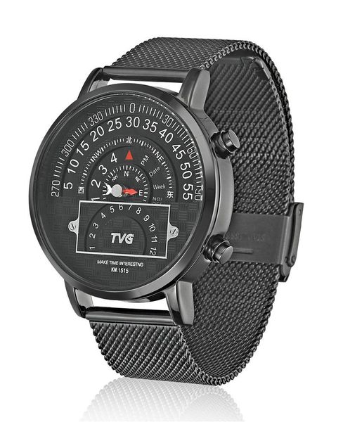 

wristwatches mens watch compass digital led display stainless steel imported lithium battery (cr2032) net belt strap male clock tvg km1515, Slivery;brown