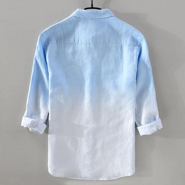 

men's casual shirts 2021 summer linen shirt men brand three-quarter sleeve mens gradient blue male camisa drop, White;black