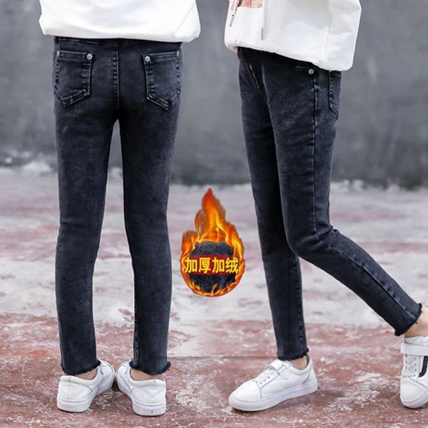 

children jeans for girls autumn winter plus velvet warm trousers kids fashion pencil denim pants age 4 6 8 10 12 year, Blue