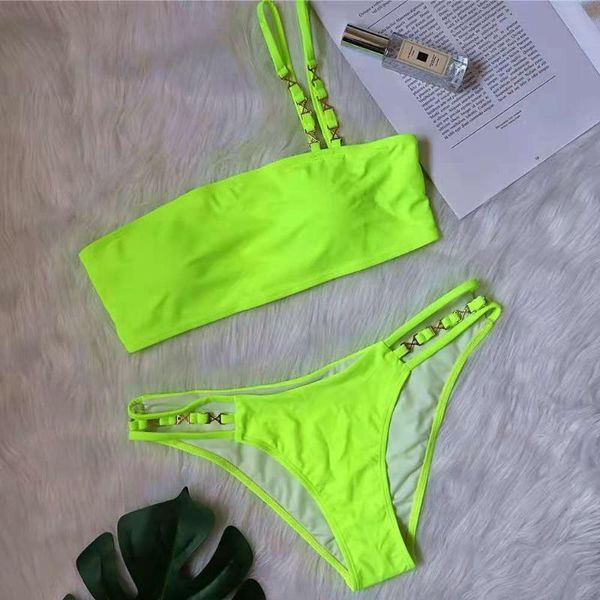 

women's swimwear 2021 solid one-shouldered women swimsuit, metal letter bikini, european and american swimsuit manufacturer wholesale, White;black