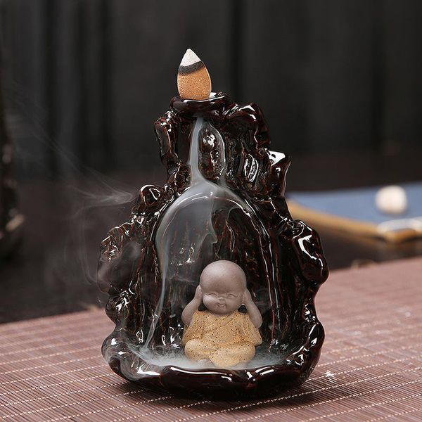 

fragrance lamps small buddha incense holder little monk censer backflow burner for home office teahouse bouddha decoration + 10pcs cones