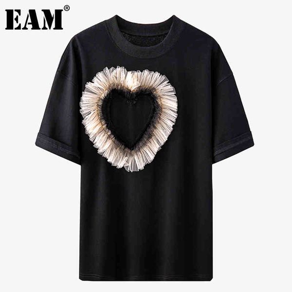 

[eam] women black big size mesh ruffles spliced casual t-shirt round neck half sleeve fashion spring summer 1dd7692 21512, White