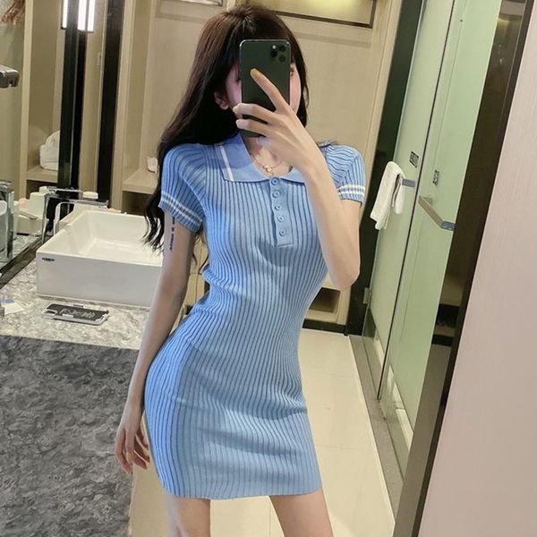 

dressed women's summer lapels knitted with short sleeves in hip tight temperament mini dress, Black;gray