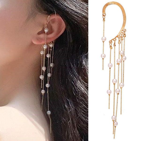 

hoop & huggie pearl tassel earrings long ear clip for women gold color no-pierecing fake cartilage jewelry accessories, Golden;silver