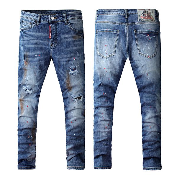 

jeans high street wear out inkjet fashion casual medium waist blue men's