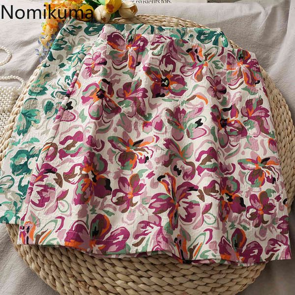 

nomikuma mini skirts faldas flower printed vintage fashion high waist skirt women arrival casual retro jupe longue femme 210514, Black