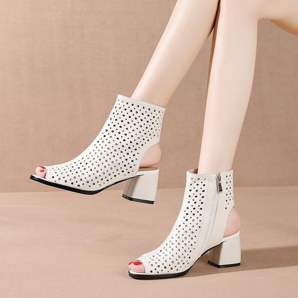 

boots women's summer genuine leather hollow out motorcycle white cutout high heels shoes breathable mujer zapatos, Black