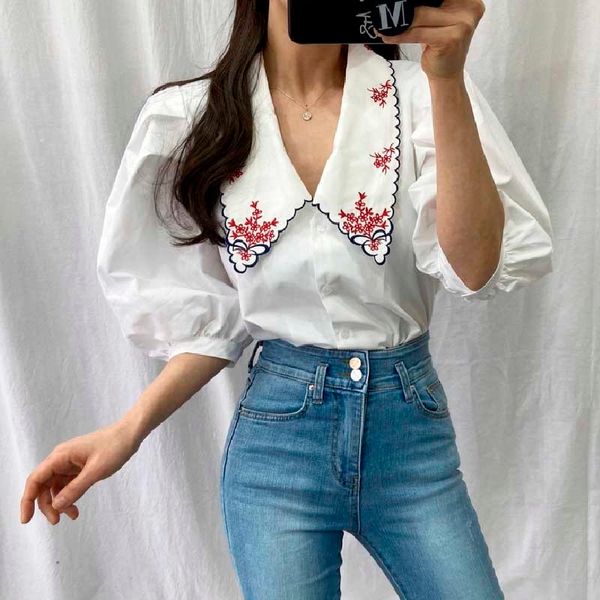 

chic summer girl design retro-heavy shirt industry peter embroidery hit collar release color female blouse, White