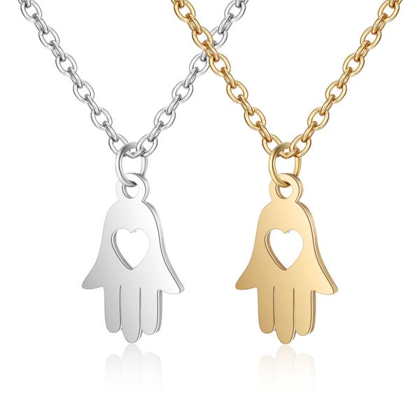 

10pcs cute hamsa love heart hand of fatima palm gesture necklaces set stainless steel charm pendant women sister ladies couple collar fashio, Silver