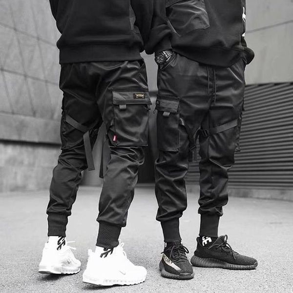 

men's pants ribbons harem joggers men cargo streetwear 2021 hip hop casual pockets track male harajuku fashion trousers, Black