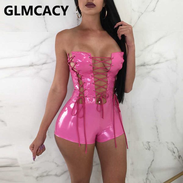 

women lace up pu tube rompers off shoulder playsuit night out streetwear party clubwear 210702, Black;white