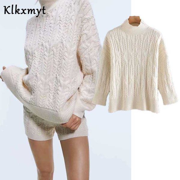

klkxmyt za sweater women winter fashion weave knitted vintage half high neck long sleeve female pullovers chic 210527, White;black