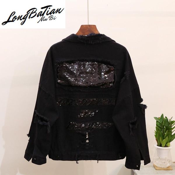 

women's jackets red black denim women basic 2021 autumn big size holes short sequin jacket harajuku fashion female jeans coat, Black;brown
