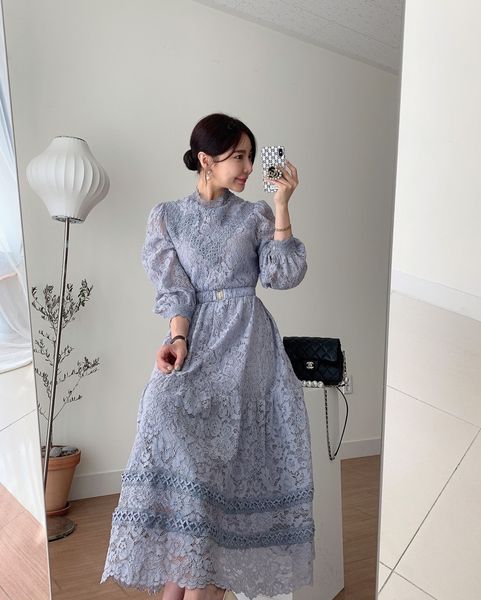 Hight Quality Fashion Elegante Runway Crochet Lace Dress Donna Long Lantern Sleeve Stand Collar A Line Dress vestidos 210514