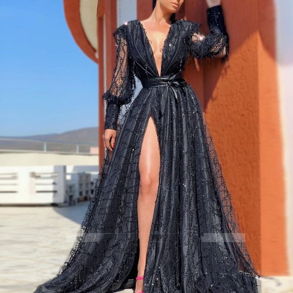

2022 slit black prom dresses long sleeve deep v-neck sequins maxi formal party dress vestido de fiesta dubai evening gowns, Black;red