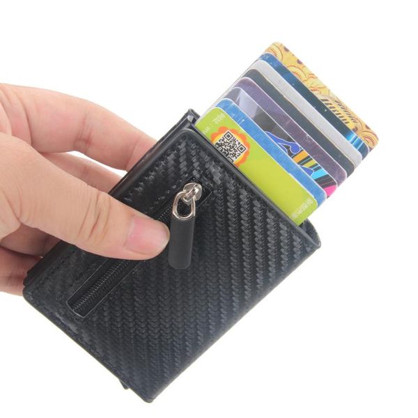 

card holders holder aluminum box wallet rfid pu leather up case magnet carbon fiber coin purse with magnetic button, Brown;gray