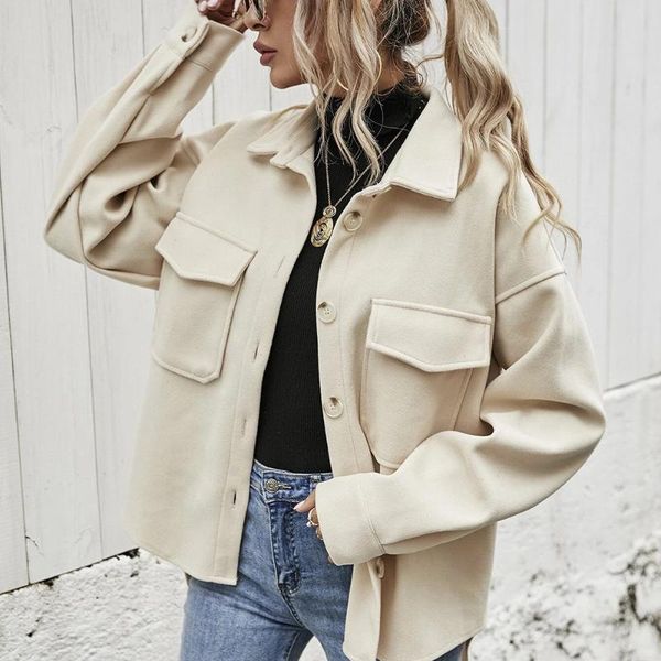 

women's wool & blends 2021 fall/winter style lapel single-breasted thick woolen loose casual jacket long-sleeved fashion clothing, Black