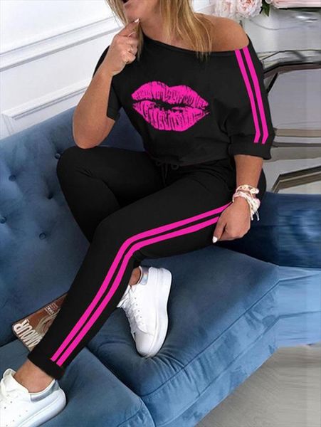 

3xl elastic waist long womenpant set letters print off shoulder tracksuit sets lips two piece womens, White