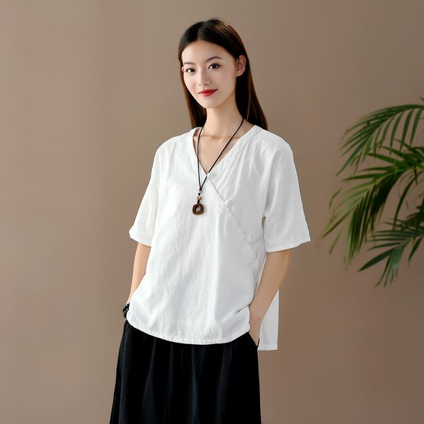 

johnature summer cotton linen retro plate buckle v-neck short sleeve pullover t-shirt simple comfortable women 210521, White