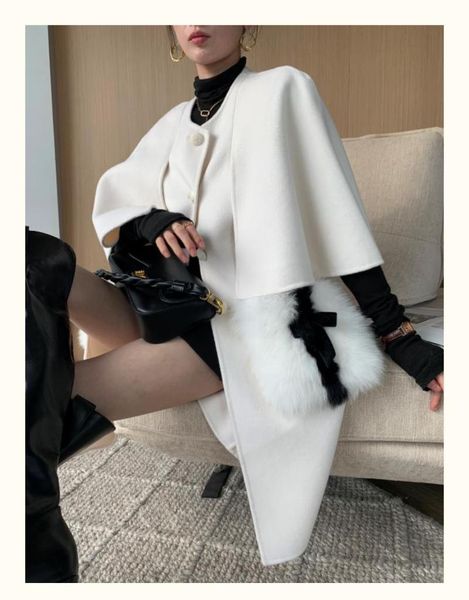 

women's wool & blends 2021 french style luxurious real cashmere cape poncho coats with genuine fur outerwear d027, Black