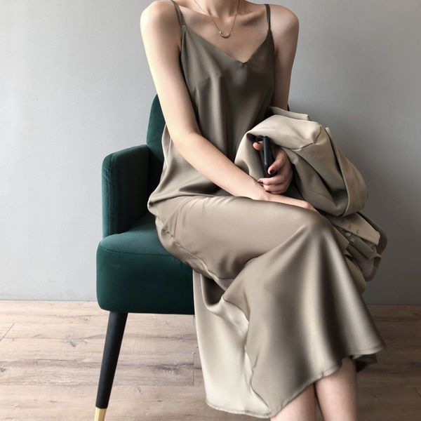 

women's knits & tees summer v neck sleeveless suspender dress elegant solid color woman slik soft lady long vestidos sysr, White