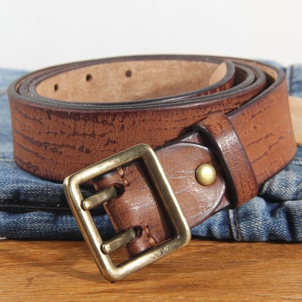 

men's 100% cowhide double prong buckle heavy-duty belt fashion jeans brown 3.8cm wide two row stitch durable work belts, Black;brown