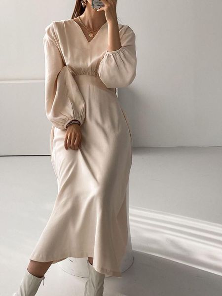 

casual dresses lady's 2021 spring summer dress french elegant temperament long sleeve latern slim, Black;gray