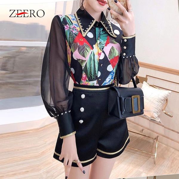 

women's tracksuits spring autumn women chiffon two piece set lingge stitching printing lantern sleeve lapel + diamond buttons short pan, Gray