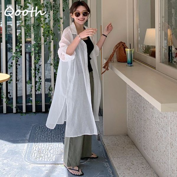 

qooth mid-length long-sleeved sunscreen shirt women's summer loose shirt all match causal fashion single breasted shirt qt593 210518, White
