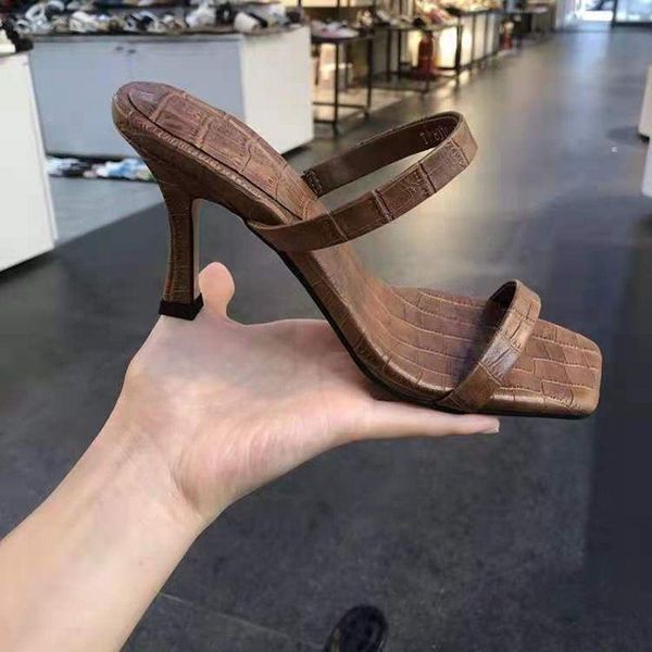 

dress shoes women 2021 women's sandals square toe stiletto high heels open word with fashion outer wear slippers, Black