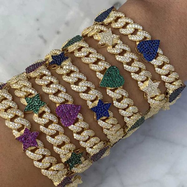 

link, chain european colorful rainbow heart cz iced out bling 2 row 10mm miami cuban bracelet 2021 valentine's day girlfriend gift, Black