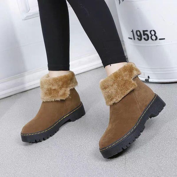 

boots student female korean version 2021 autumn and winter velvet warm cotton shoes flat non-slip flock plush inside short, Black