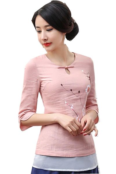 

women's blouses & shirts shanghai story sale round neck 3/4 sleeve cheongsam traditional chinese blend linen blouse pink, White